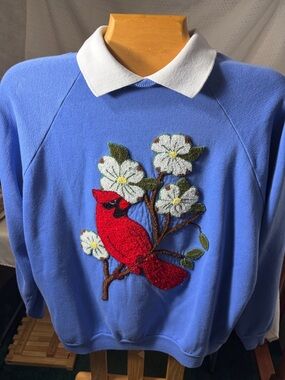Vintage Hanes Blue Polo-Collar Sweater with Red Cardinal Embroidery XL